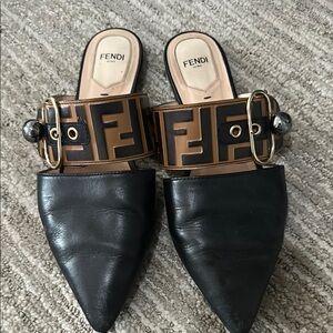 Fendi Black and Brown Mules with Iconic FF Logo